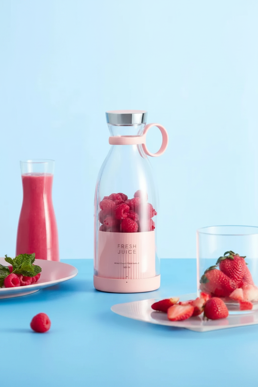 Pink portable Fresh Juice blender with raspberries on a light blue surface surrounded by fresh berries and smoothie